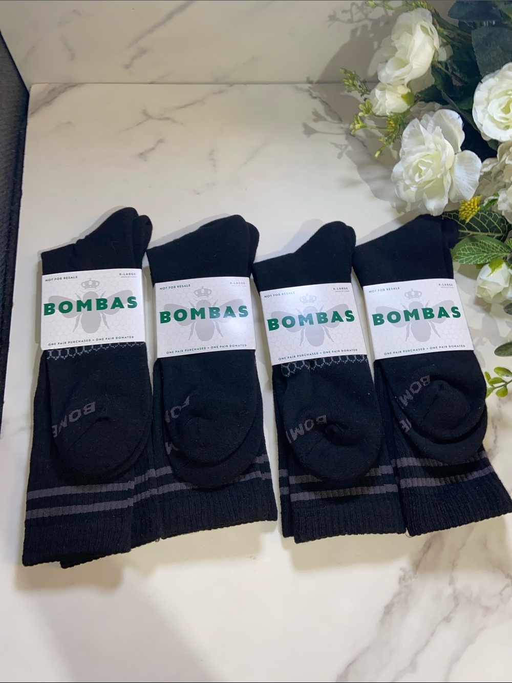 Bombas Black Crew Socks with Gray Stripe and Crest - 4 Pack size XL
